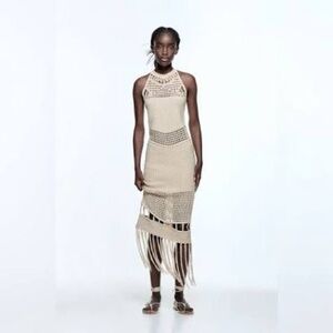 Zara Crochet Fringe Midi Dress Limited Edition New Boho Chic 70s Large